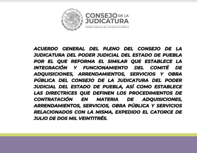 Acuerdo General del Pleno del Consejo de la Judicatura del Poder Judicial del Estado de Puebla por el que Exhorta a los Ayuntamientos de los Municipios con quienes el Poder Judicial del Estado de Puebla ha Celebrado Convenios para la Instalación de J